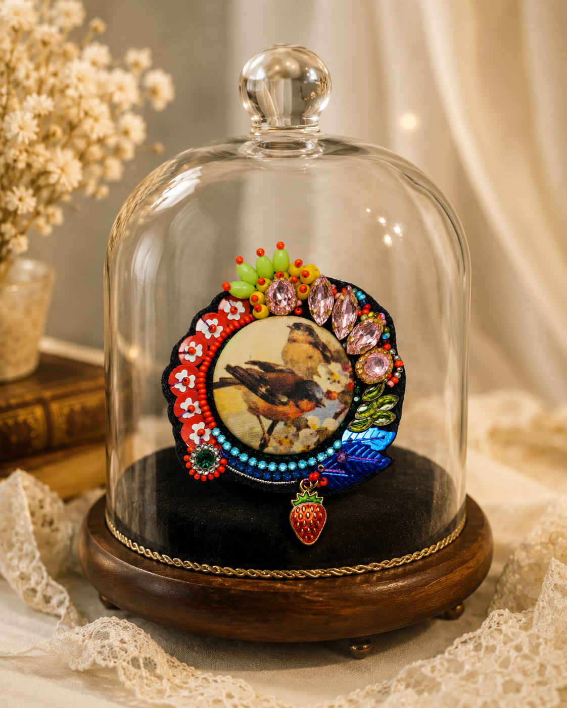 Broche artisanale "Les Oiseaux & la Fraise"