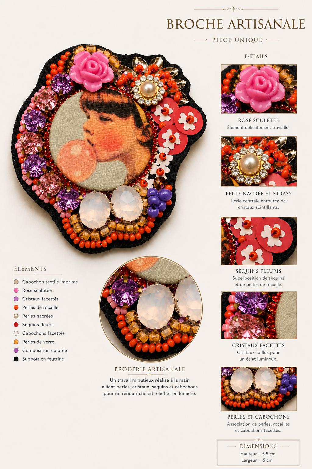 Broche artisanale brodée à la main "Jeune Fille au Bubble Gum"