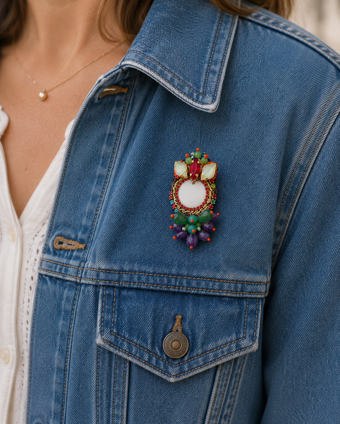 Broche brodée avec cœur en porcelaine de Limoges | Collection Éclats nomades