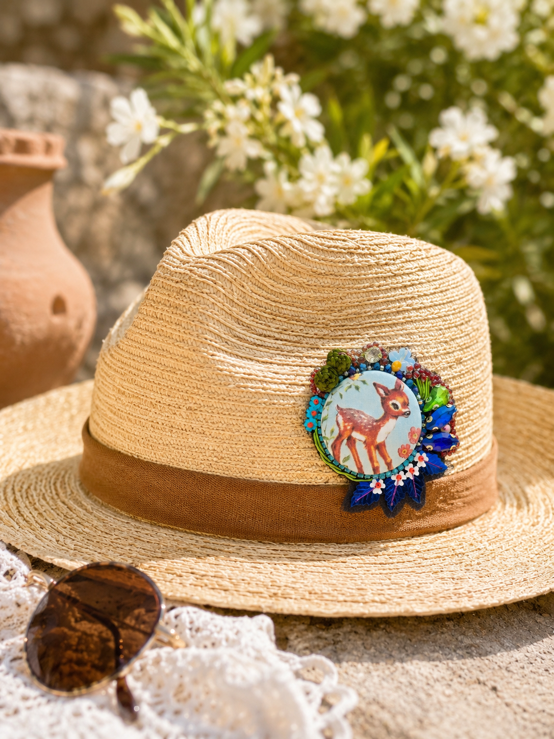 Broche Faon Vintage Brodée à la Main | Bijou textile poétique