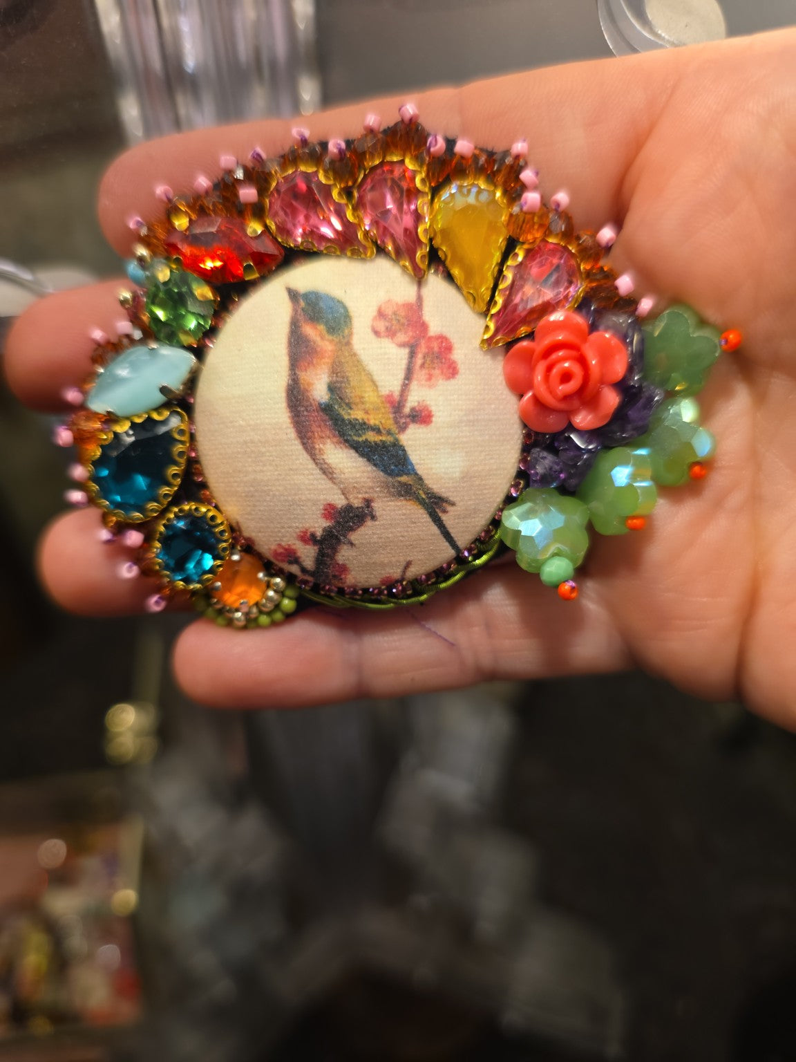 Oiseaux du printemps/ broche brodée à la main