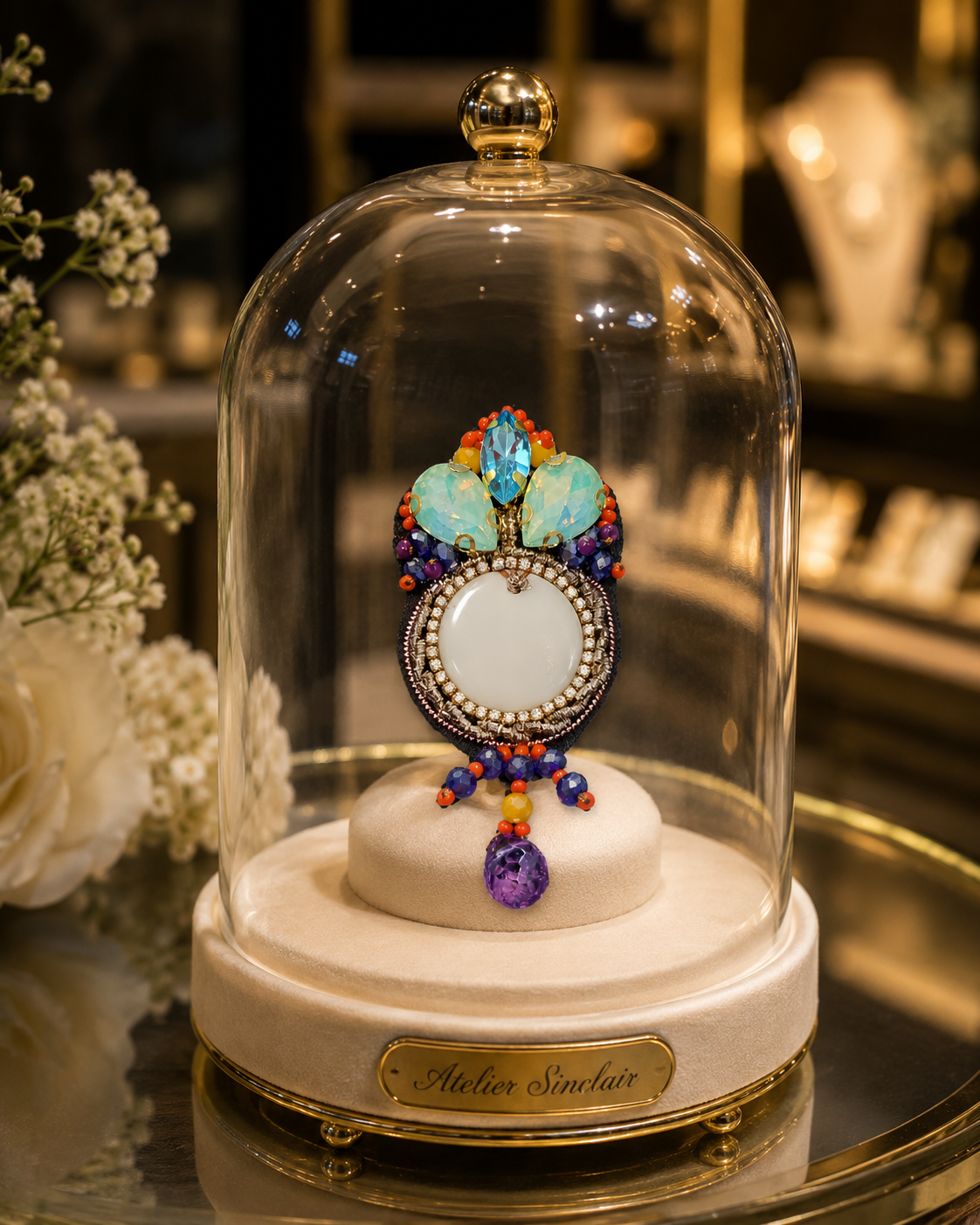 Broche brodée avec cœur en porcelaine de Limoges | Collection Éclats nomades