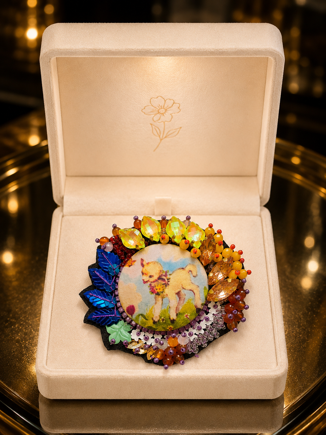 Broche brodée Agneau Fleuri