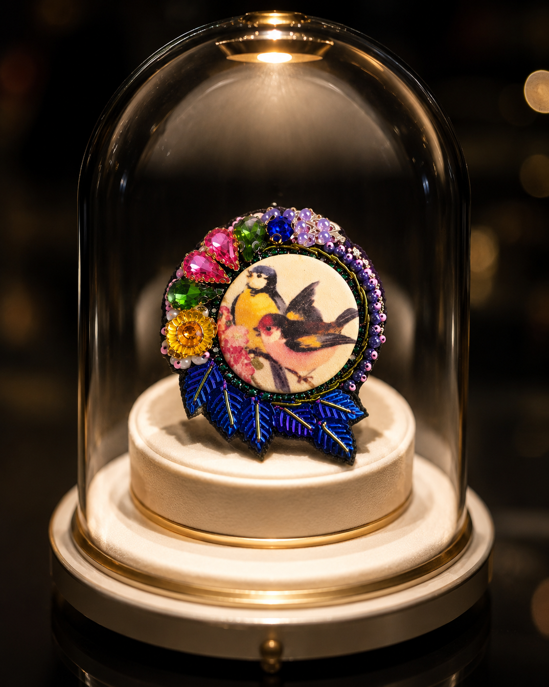 Broche brodée à la main Les Deux Oiseaux