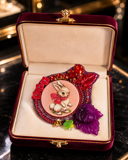 Broche brodée artisanale "Lapin Romantique"