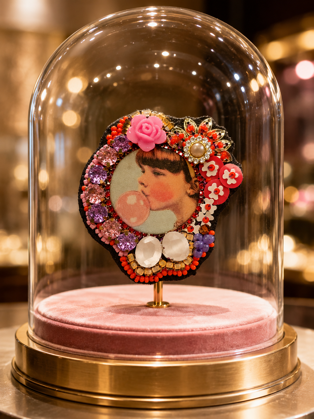 Broche artisanale brodée à la main "Jeune Fille au Bubble Gum"