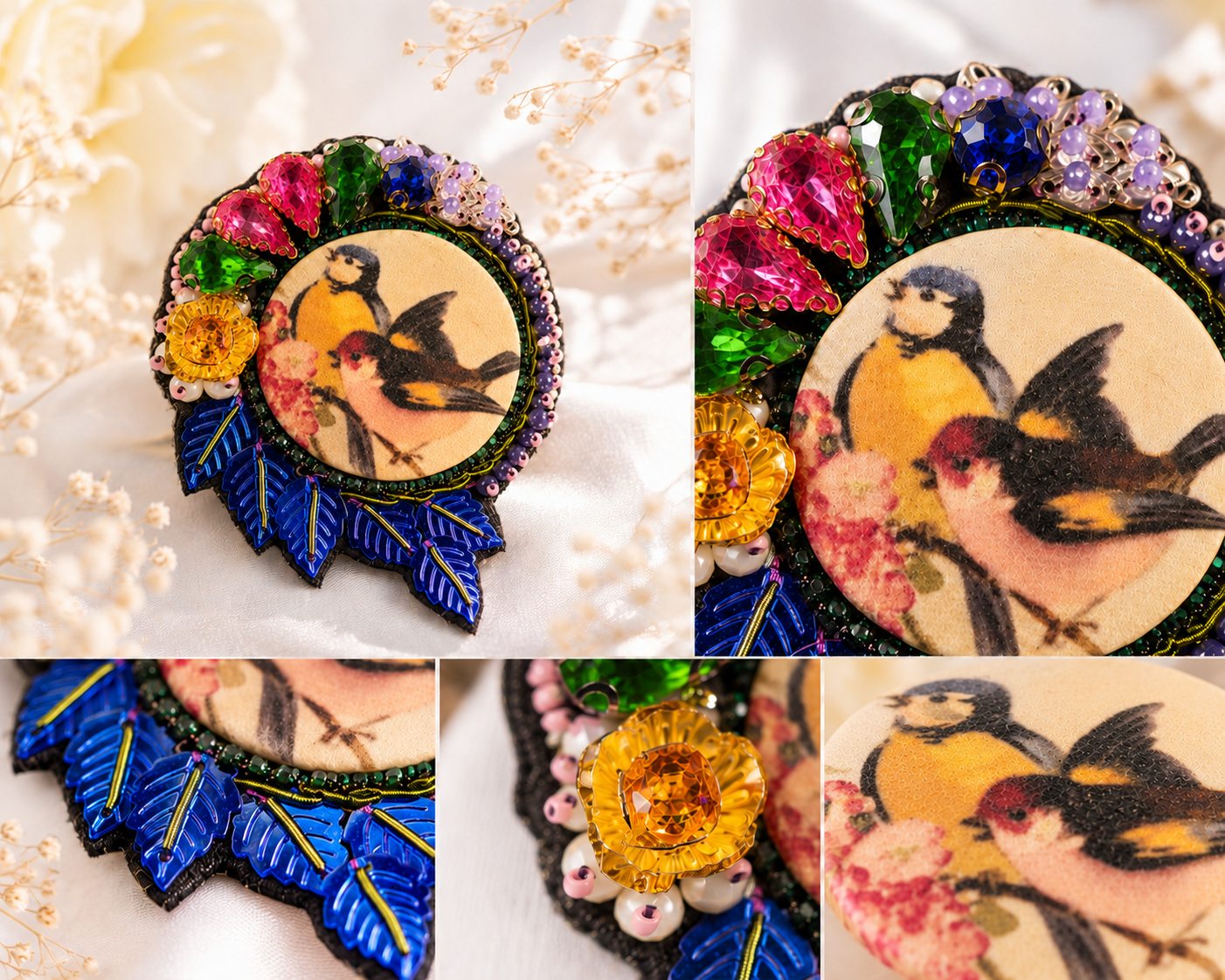Broche brodée à la main Les Deux Oiseaux