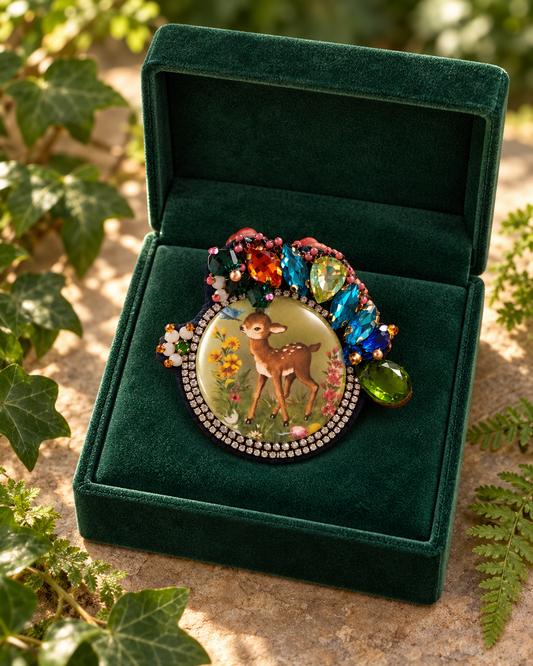 Broche brodée à la main « L’Orée enchantée » — Petit faon