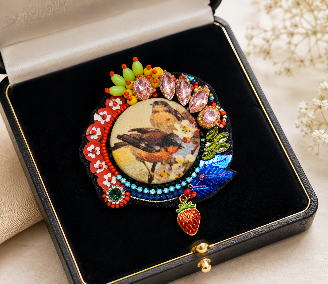 Broche artisanale "Les Oiseaux & la Fraise"