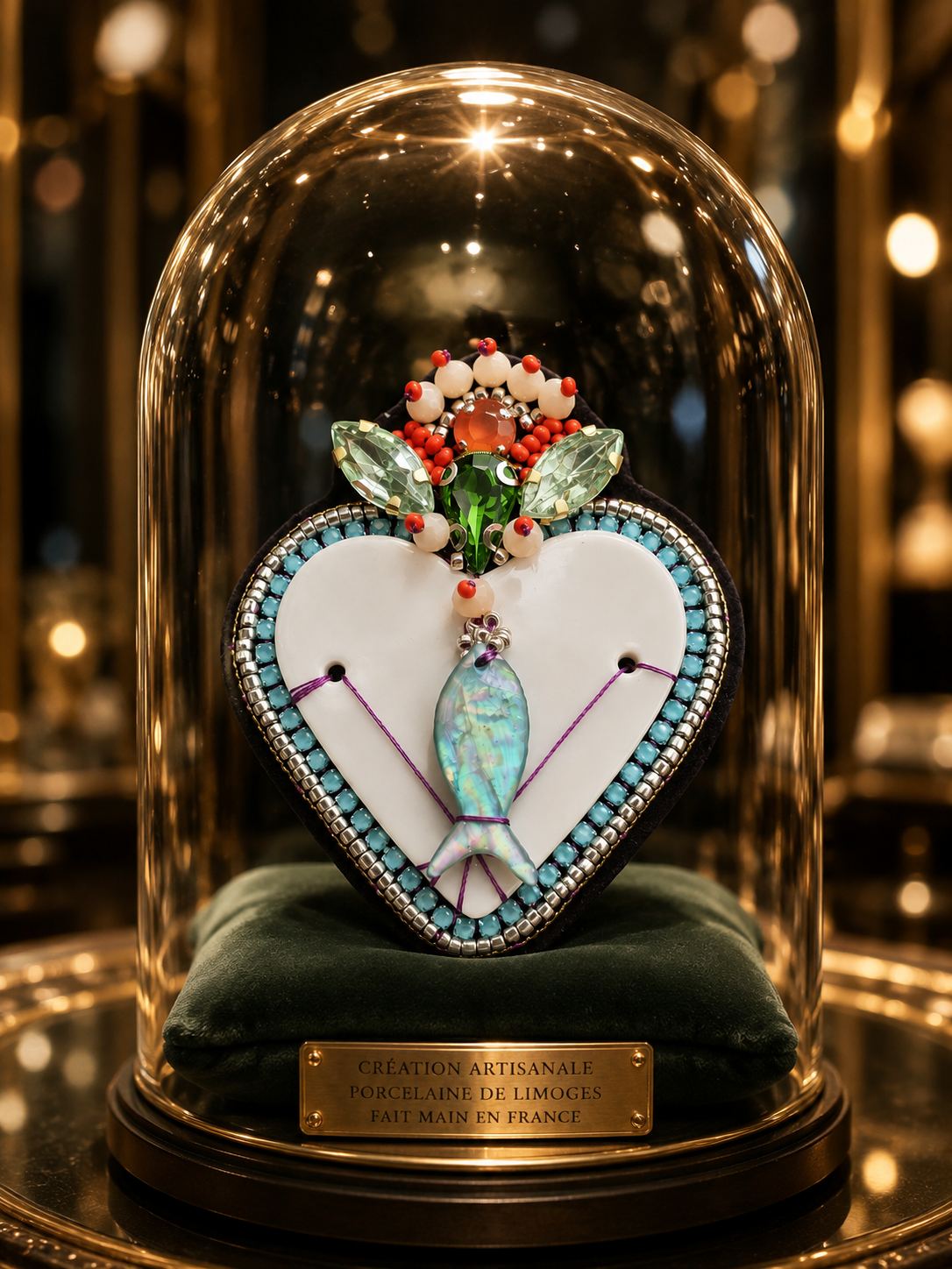 Broche brodée Cœur Poisson en porcelaine de Limoges | Pièce unique