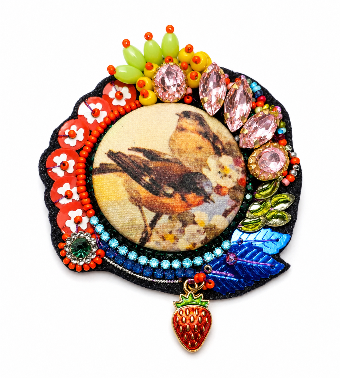 Broche artisanale "Les Oiseaux & la Fraise"