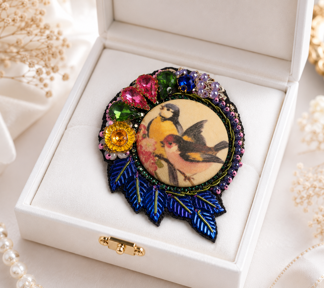 Broche brodée à la main Les Deux Oiseaux