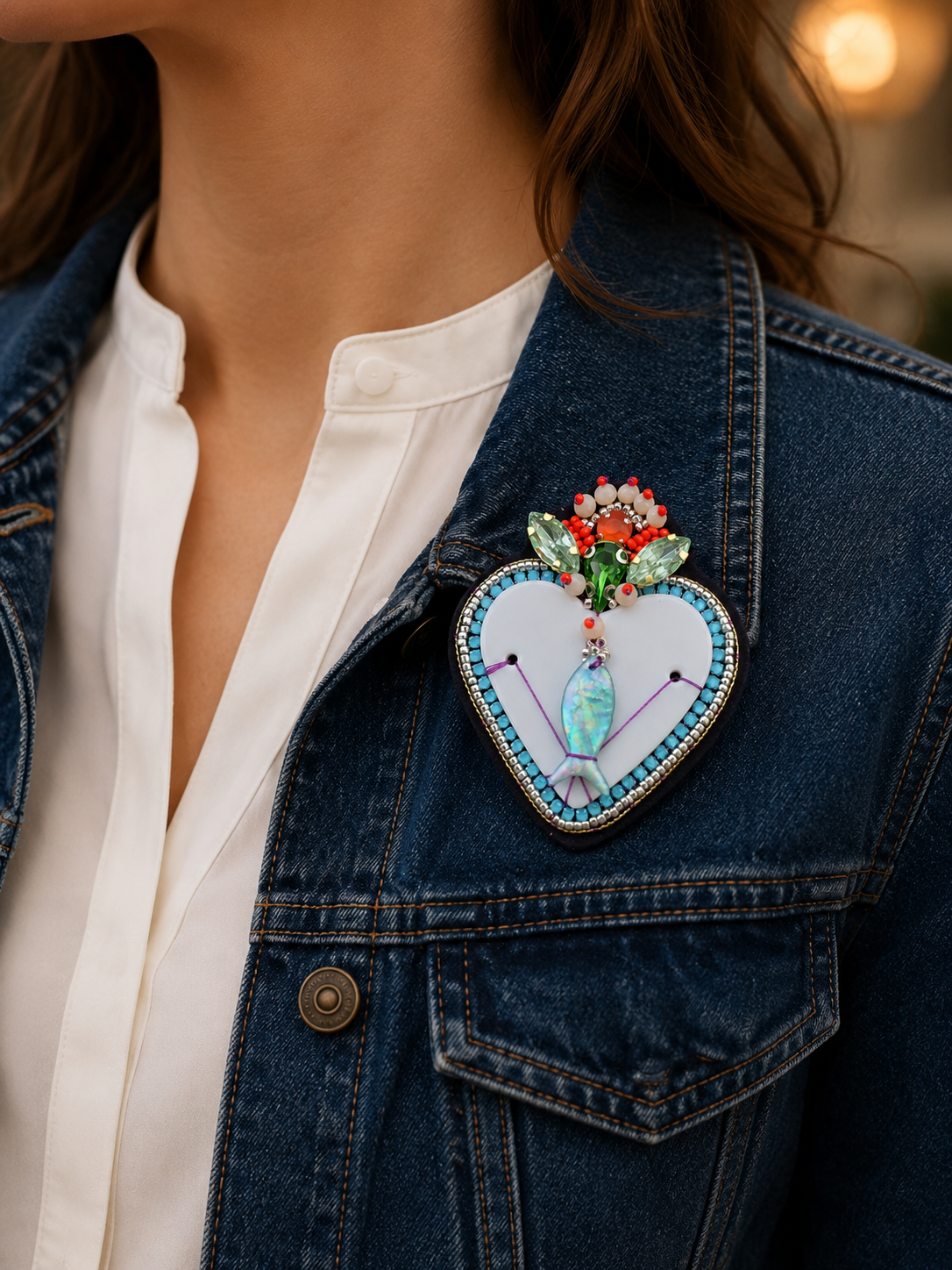 Broche brodée Cœur Poisson en porcelaine de Limoges | Pièce unique
