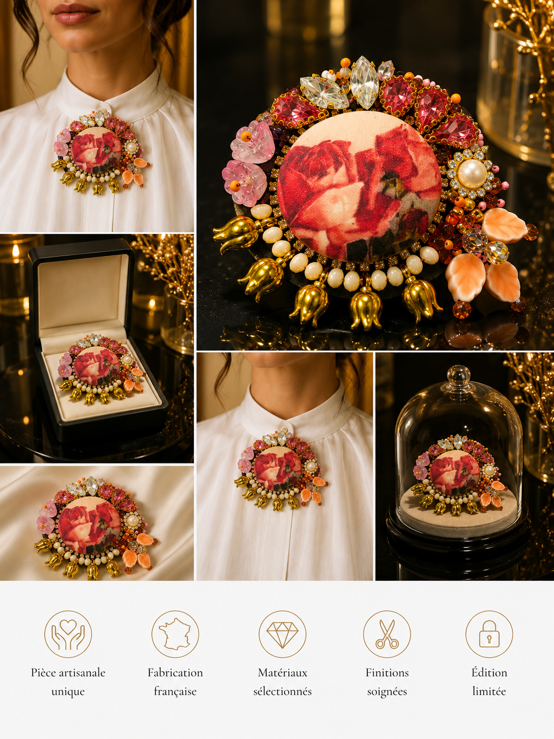 Rosita.  Broche brodée à la main