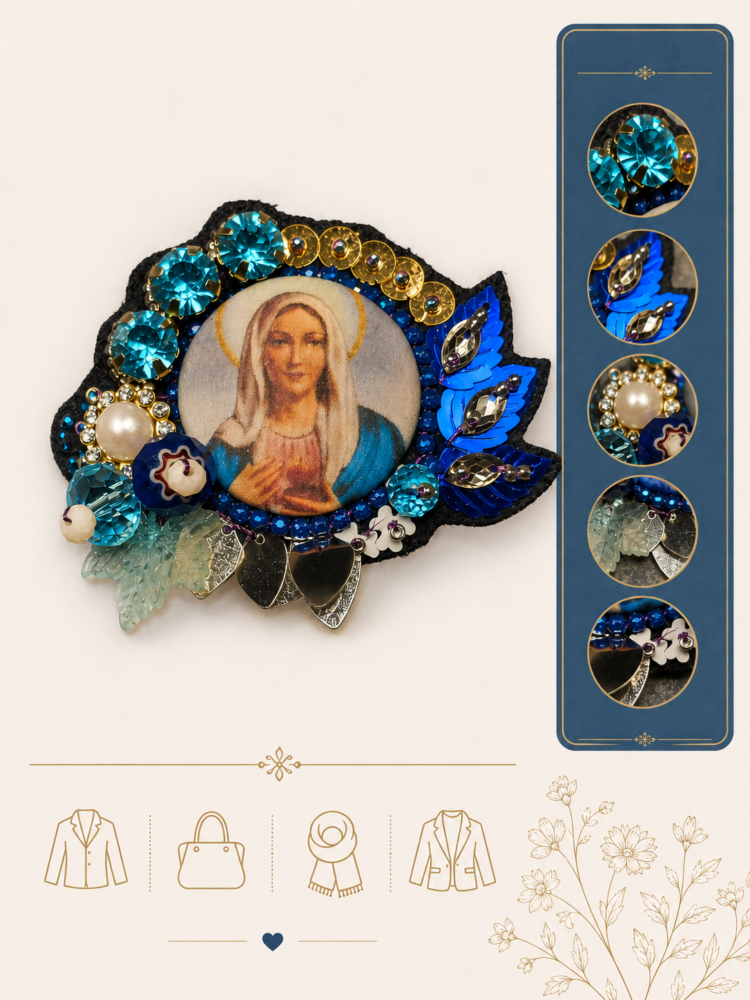Broche brodée à la main • Madone Céleste