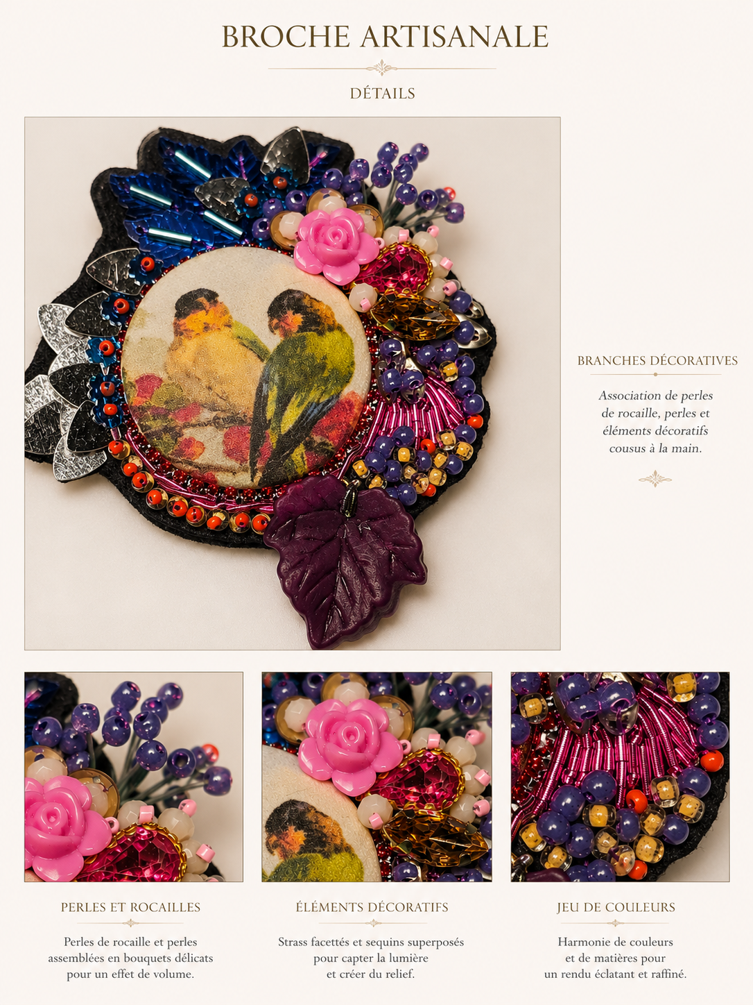 Broche artisanale « Les Inséparables » 🕊️